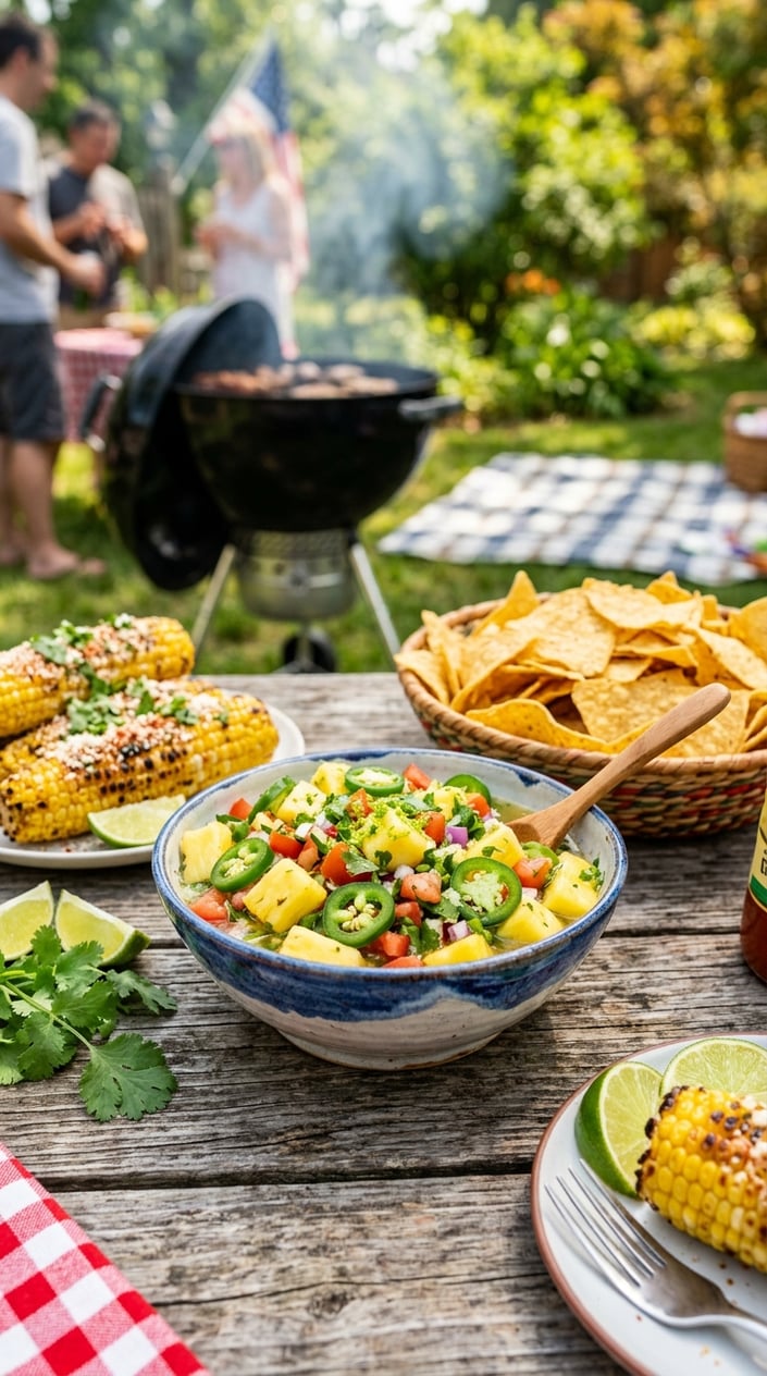 14 BBQ Side Dishes That Steal the Show at Every Memorial Day Cookout 15 A bowl of pineapple-jalapeño salsa on a wooden table surrounded by tortilla chips and grilled corn, set outdoors with a barbecue cookout in the background.