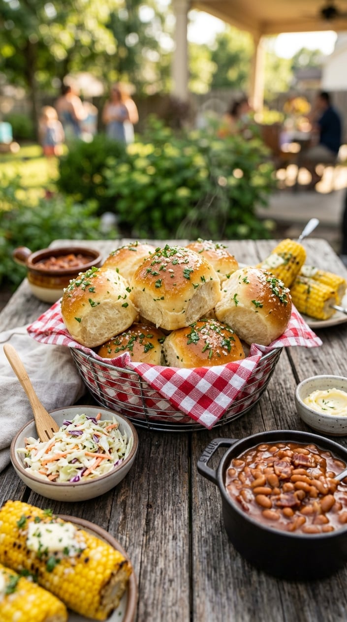 14 BBQ Side Dishes That Steal the Show at Every Memorial Day Cookout 16 A basket of buttery garlic dinner rolls with fresh herbs on a wooden table surrounded by bowls of BBQ side dishes like coleslaw, baked beans, and grilled corn.