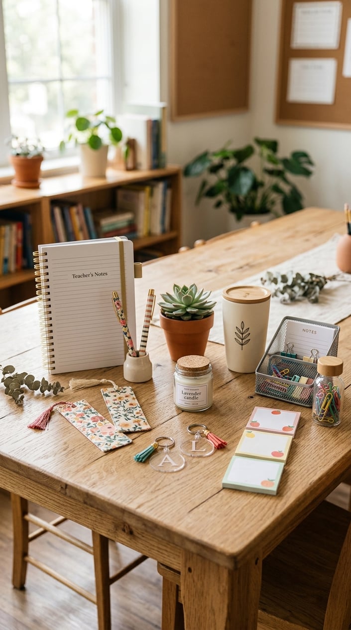 12 Teacher Gifts Under $15 That Don't Look Like You Spent $15 2 A neatly arranged collection of twelve small teacher gifts displayed on a wooden table, including notebooks, pens, plants, coffee cups, bookmarks, candles, keychains, and desk organizers.