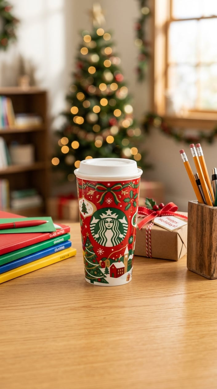 12 Teacher Gifts Under $15 That Don't Look Like You Spent $15 3 A Starbucks holiday ceramic tumbler on a wooden desk surrounded by notebooks, pencils, and a small wrapped gift.
