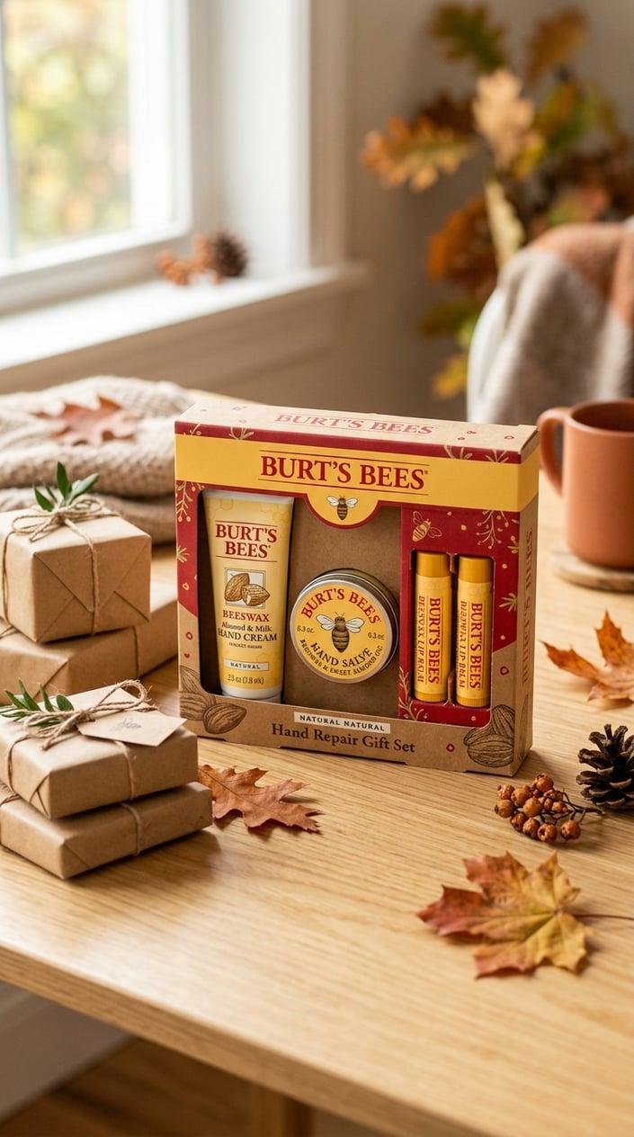 12 Teacher Gifts Under $15 That Don't Look Like You Spent $15 4 A Burt's Bees Hand Repair Gift Set arranged on a wooden surface with small wrapped presents and autumn leaves nearby.