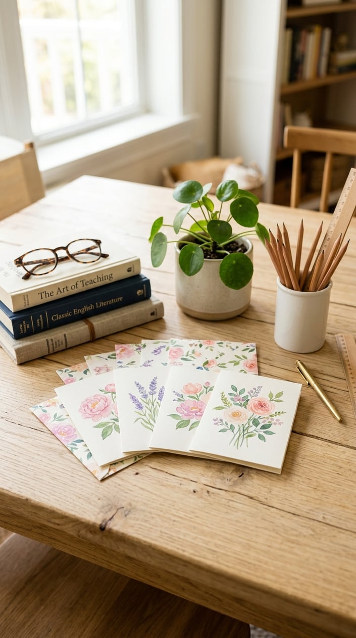 12 Teacher Gifts Under $15 That Don't Look Like You Spent $15 5 A set of floral notecards on a wooden desk surrounded by books, pencils, glasses, and a small plant.