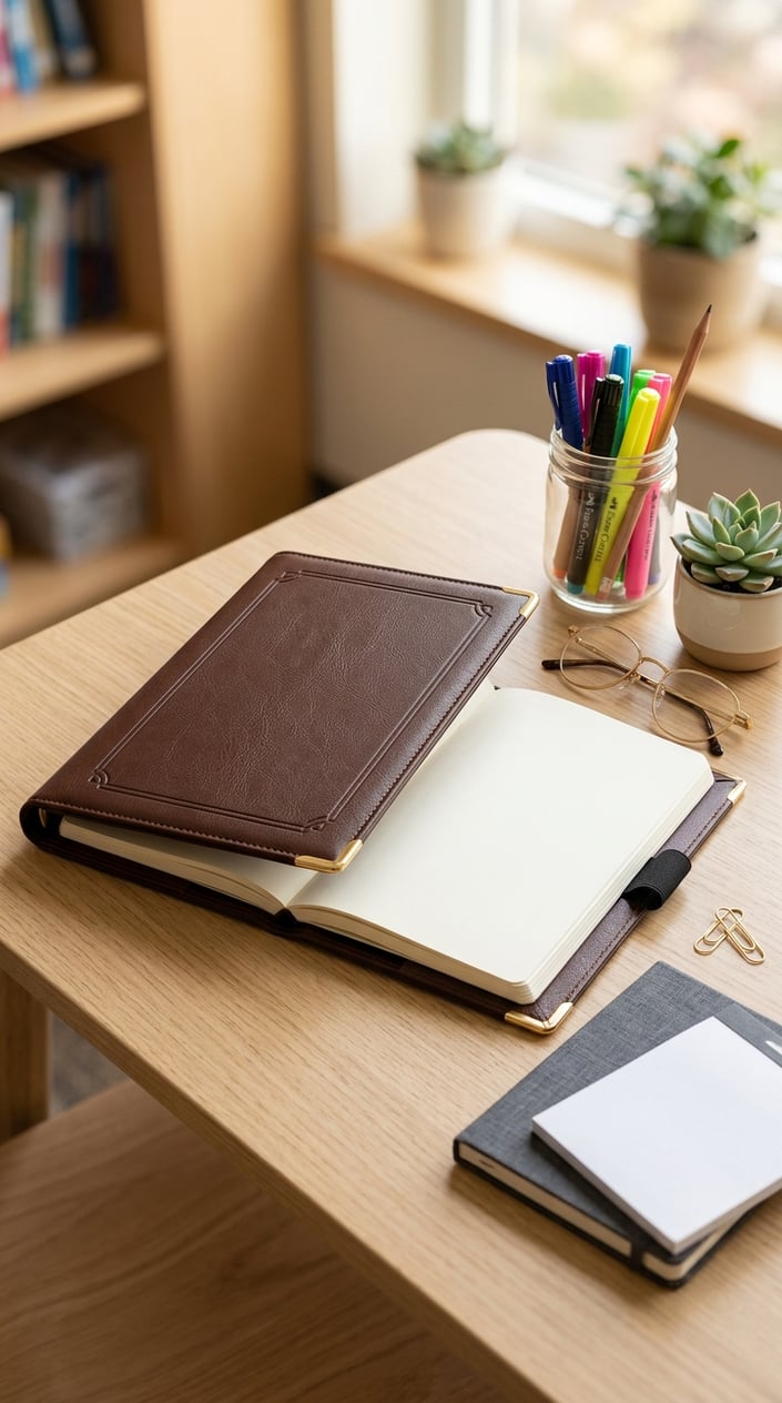 12 Teacher Gifts Under $15 That Don't Look Like You Spent $15 6 An A5 leatherette teacher planner cover on a desk surrounded by pens, glasses, a plant, and notebooks.