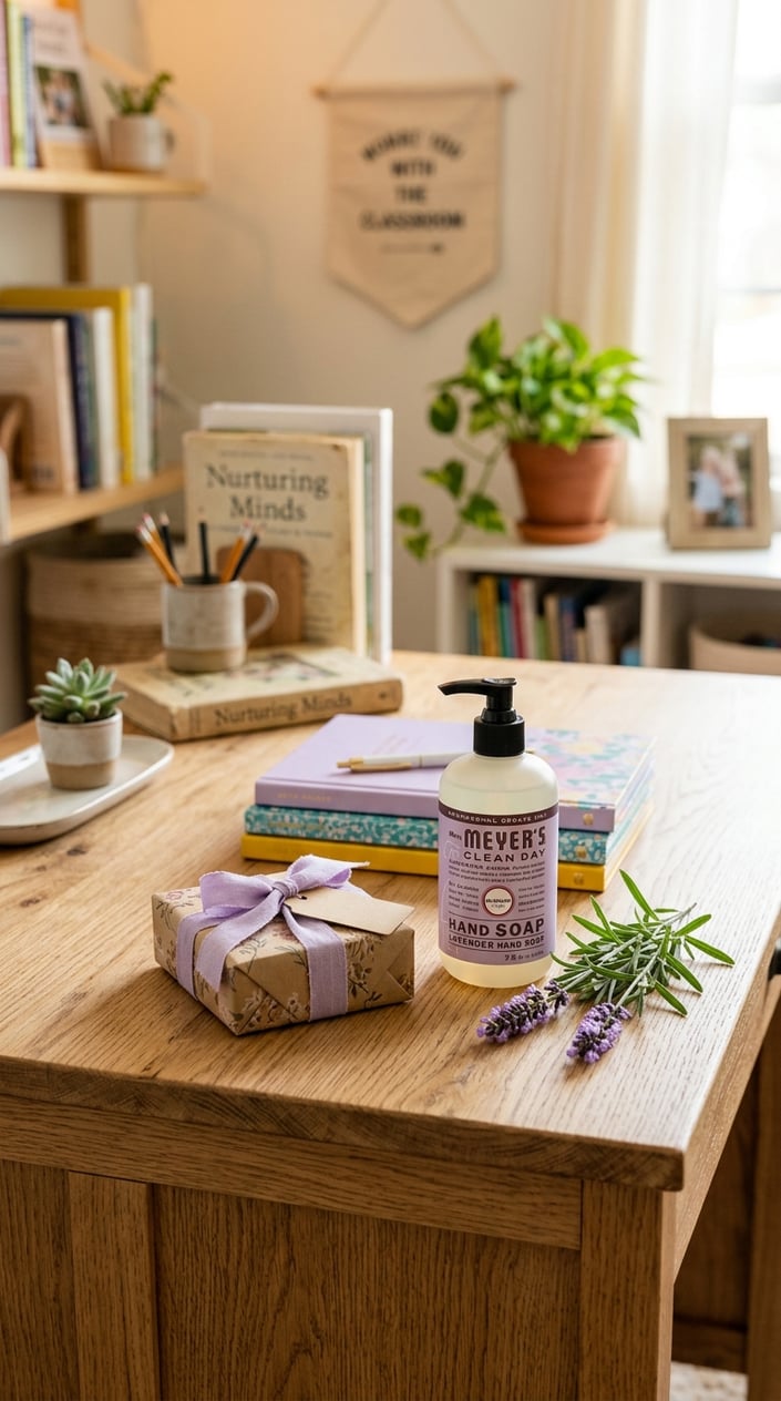 12 Teacher Gifts Under $15 That Don't Look Like You Spent $15 7 A bottle of lavender hand soap on a wooden desk surrounded by a small wrapped gift, notebooks, and a lavender sprig.