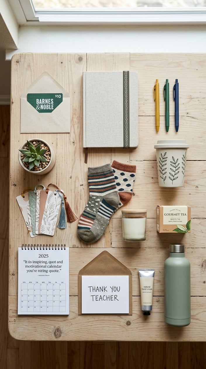 12 Teacher Gifts Under $15 That Don't Look Like You Spent $15 8 A flat lay of twelve affordable teacher gifts arranged neatly on a wooden table, including a gift card envelope, notebook, pens, plant, coffee cup, bookmarks, socks, candle, tea box, desk calendar, and thank-you card.
