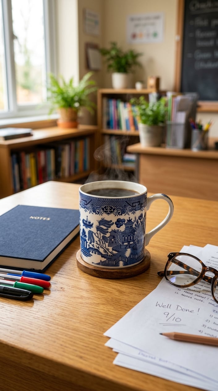 12 Teacher Gifts Under $15 That Don't Look Like You Spent $15 9 A Blue Willow ceramic mug filled with a hot beverage on a wooden desk surrounded by a notebook, pens, and reading glasses.