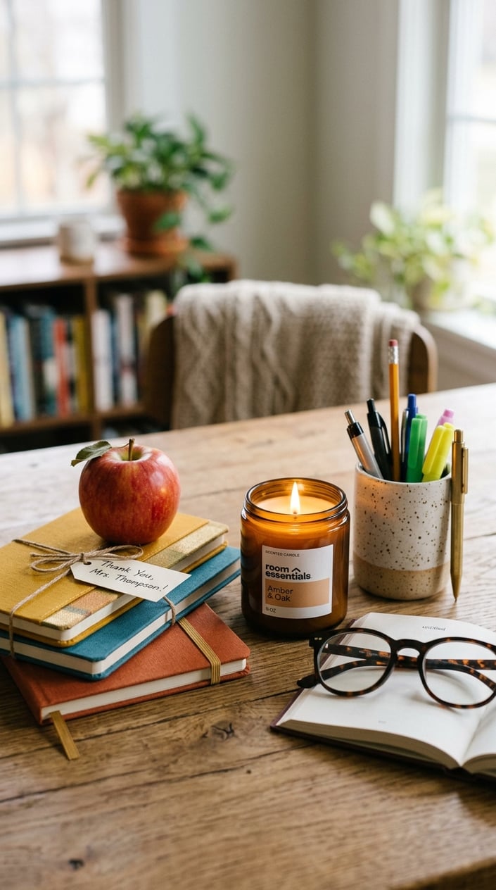 12 Teacher Gifts Under $15 That Don't Look Like You Spent $15 10 A lit scented candle on a wooden desk surrounded by notebooks, an apple, reading glasses, and a pen holder.