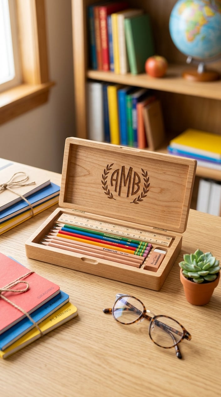 12 Teacher Gifts Under $15 That Don't Look Like You Spent $15 11 A wooden pencil box with a monogram on the lid, open to show pencils inside, placed on a desk with notebooks, glasses, and a small plant nearby.