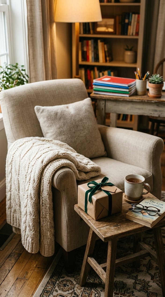 12 Teacher Gifts Under $15 That Don't Look Like You Spent $15 12 A cozy knit throw blanket draped over an armchair next to a small gift box on a wooden table with notebooks and a mug nearby.