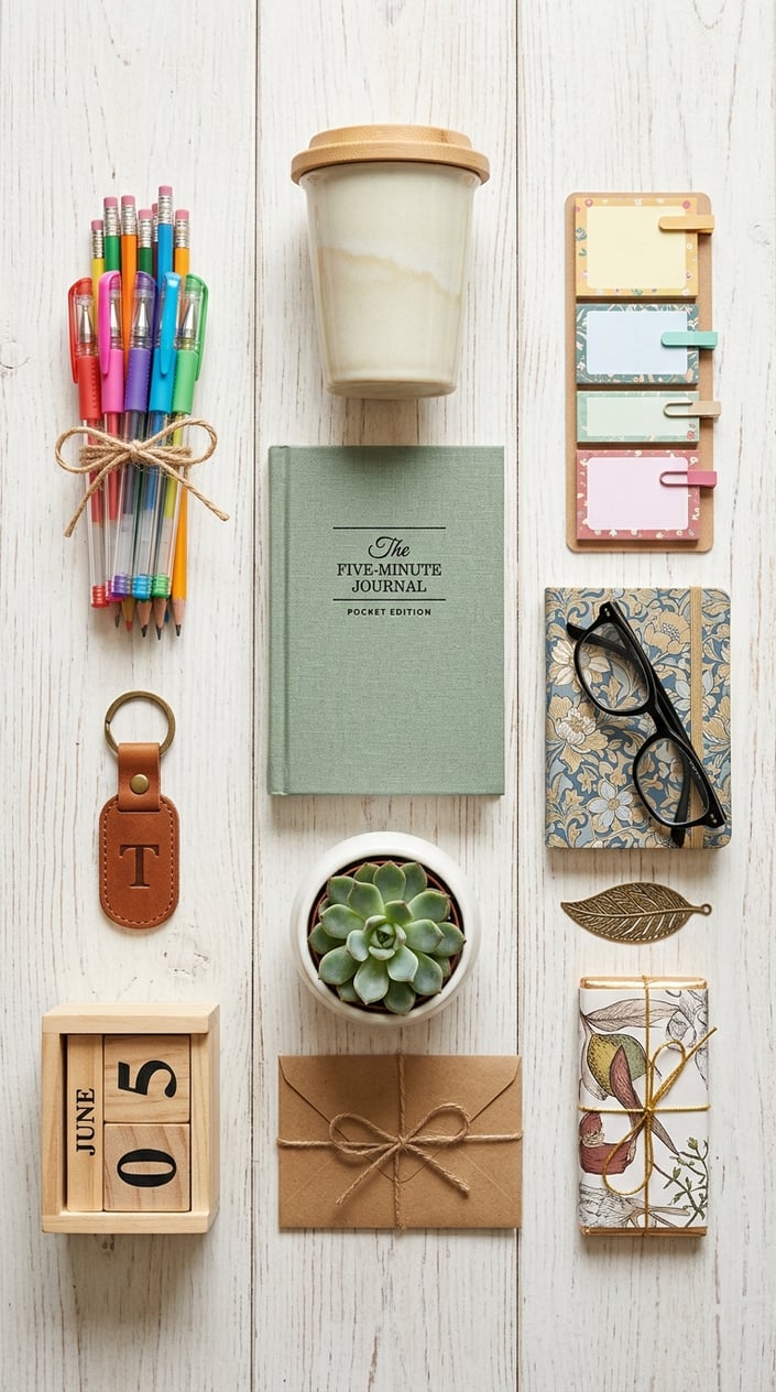 12 Teacher Gifts Under $15 That Don't Look Like You Spent $15 13 A flat lay of twelve affordable teacher gifts arranged neatly on a white wooden table, including a pocket journal, pens, a small plant, a coffee cup, sticky notes, a notebook, glasses, a bookmark, a gift card envelope, a keychain, a desk calendar, and a chocolate bar.