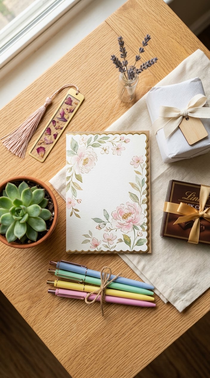 12 Teacher Gifts Under $15 That Don't Look Like You Spent $15 14 A flat lay of teacher appreciation gifts including a floral card, colorful pens, a bookmark, a small potted plant, a candle, and chocolates on a light wooden surface.