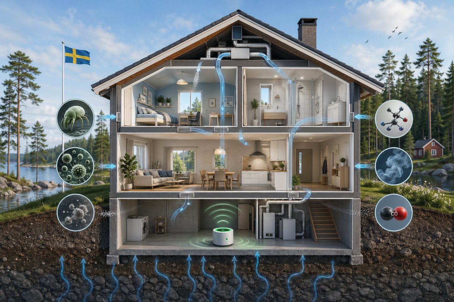 En tvärsnittsbild av ett svenskt hus som visar en radondetektor i källaren och symboler för andra luftföroreningar i hemmet.