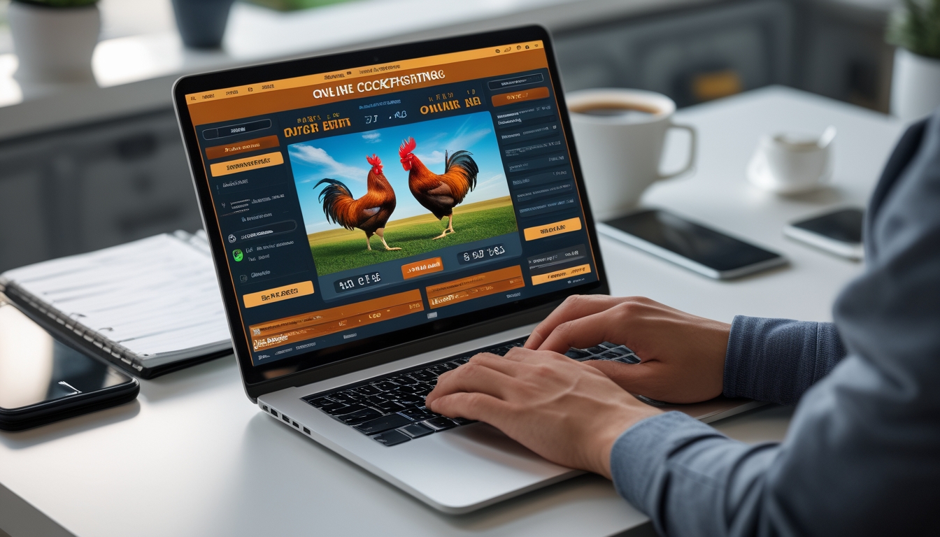 Seseorang menggunakan komputer dengan tampilan situs sabung ayam online di layar, menunjukkan suasana taruhan yang aman dan adil.