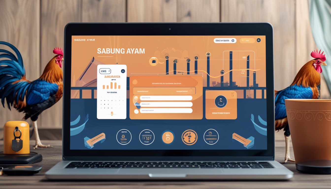 Layar perangkat digital menampilkan antarmuka taruhan sabung ayam online dengan gambar ayam jago dan ikon keamanan.