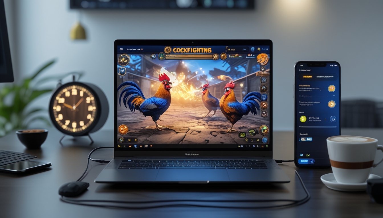 Seorang pengguna duduk di depan laptop yang menampilkan permainan sabung ayam online dengan suasana ruangan yang terang dan beberapa perangkat digital di sekitarnya.