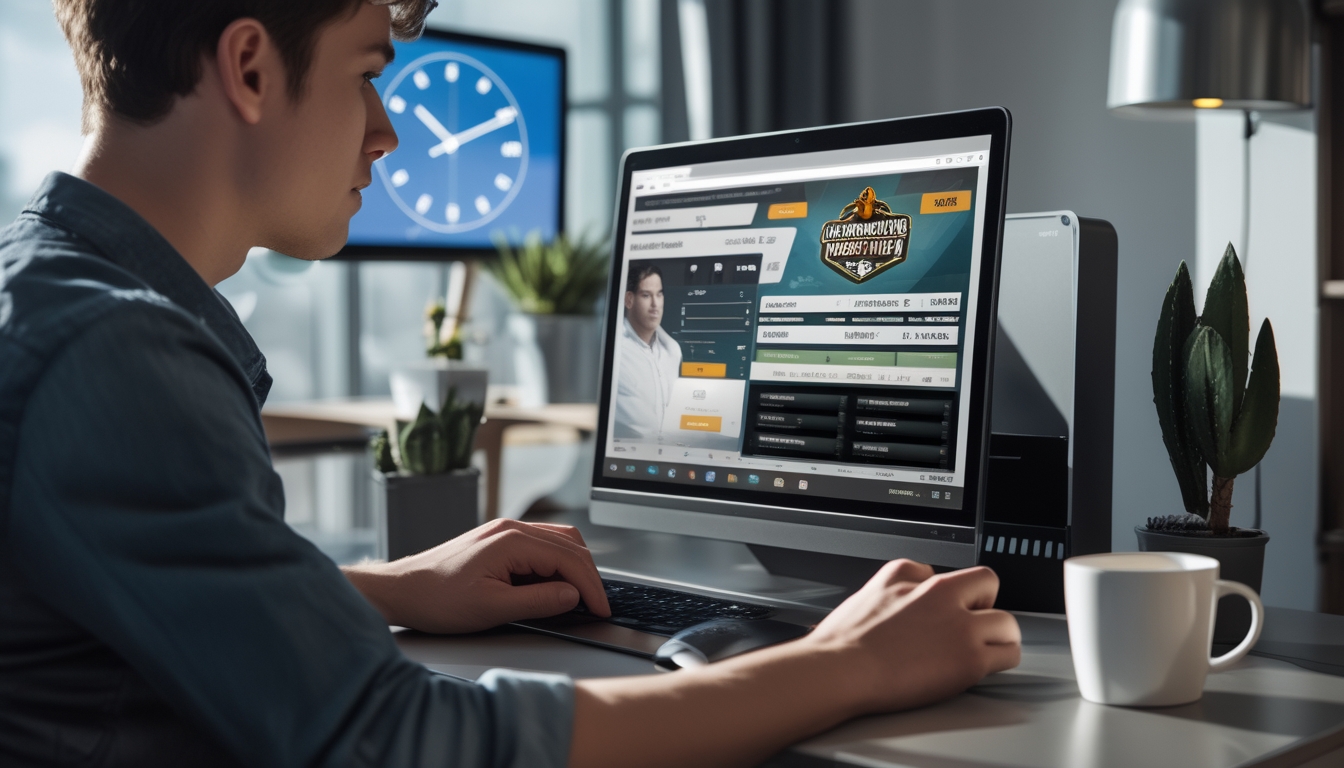 Seorang pria muda duduk di meja dengan laptop terbuka yang menampilkan situs sabung ayam online, di ruangan yang terang dengan dekorasi sederhana dan jam digital di latar belakang.