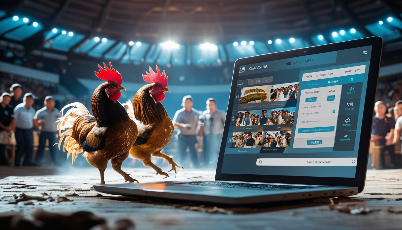 Dua ayam aduan sedang bertarung di arena dengan penonton yang antusias dan seseorang menggunakan perangkat digital untuk taruhan online.