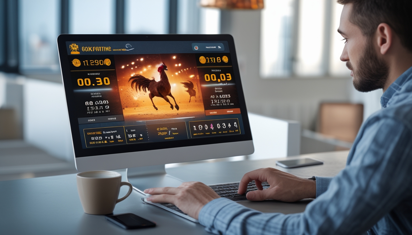 Seseorang menggunakan komputer di meja kerja untuk memasang taruhan sabung ayam secara online dengan tampilan platform taruhan di layar.