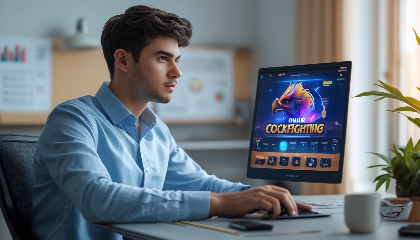 Seorang pria muda duduk di depan laptop fokus bermain permainan sabung ayam online dengan latar belakang meja kerja dan alat strategi.