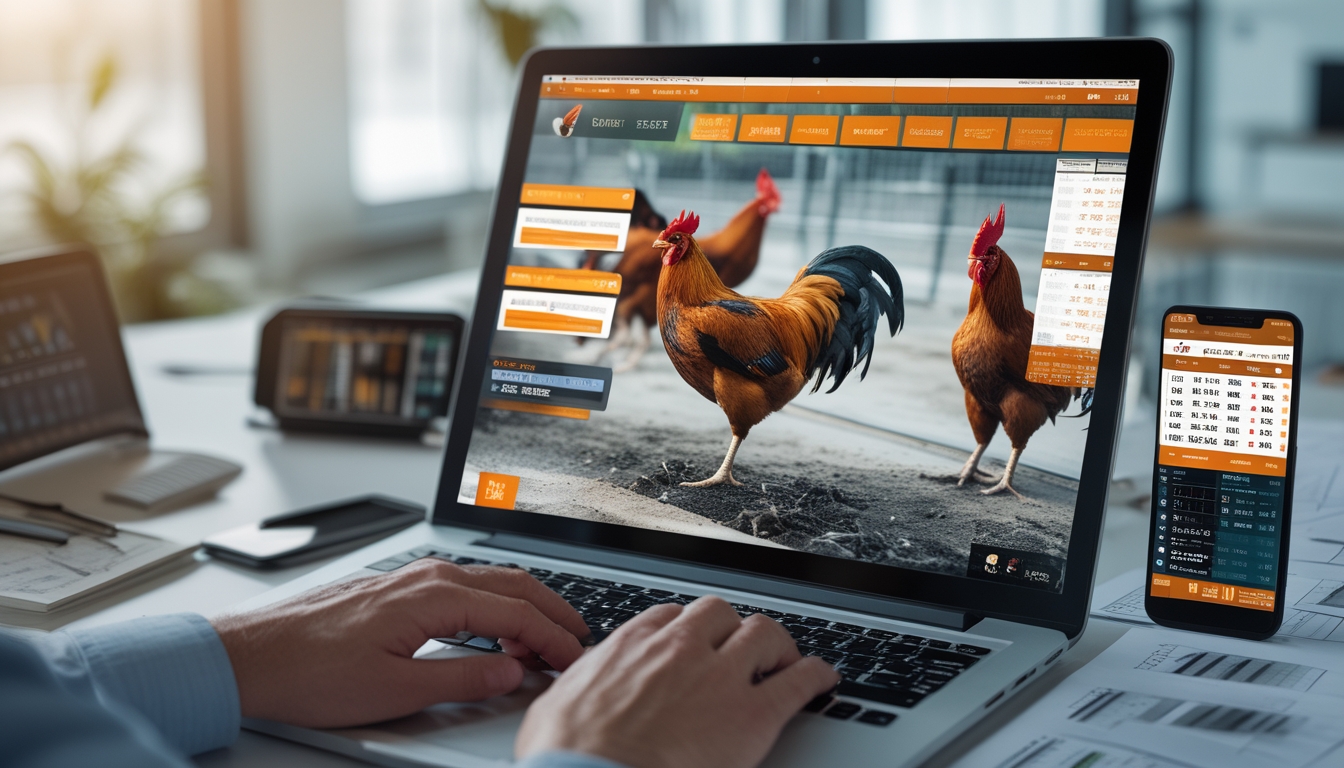 Seseorang menggunakan laptop yang menampilkan pertandingan sabung ayam online dengan tangan sedang berinteraksi di meja kerja yang rapi dan terang.