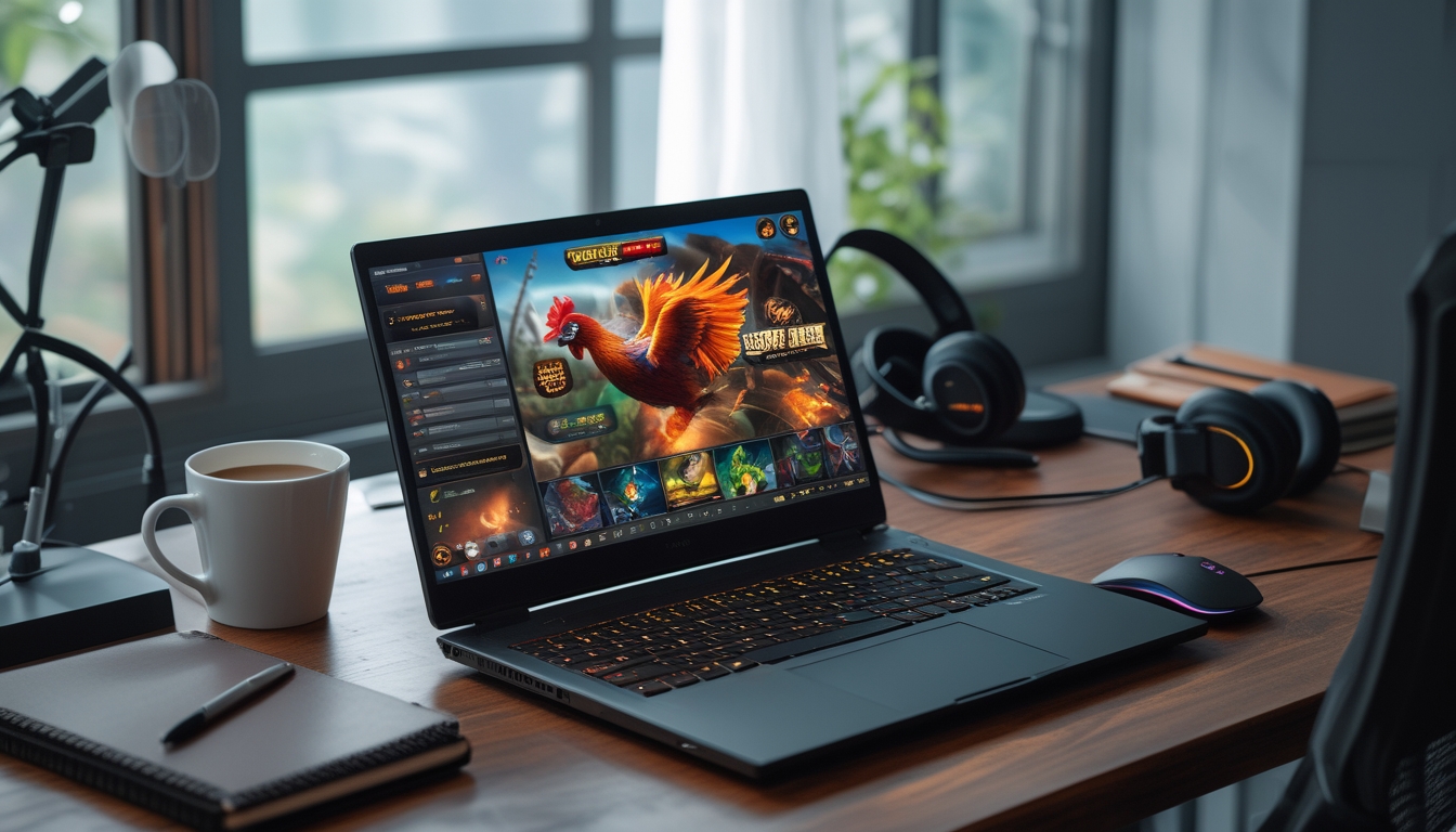 Seseorang sedang menggunakan laptop dengan permainan sabung ayam online di layar, di meja terdapat aksesori gaming dan alat tulis, di ruangan dengan pencahayaan alami.