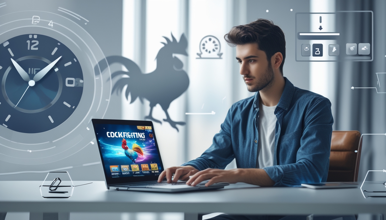 Seorang pria muda duduk di depan laptop dengan latar belakang simbol ayam jago dan elemen digital yang menunjukkan permainan sabung ayam online.