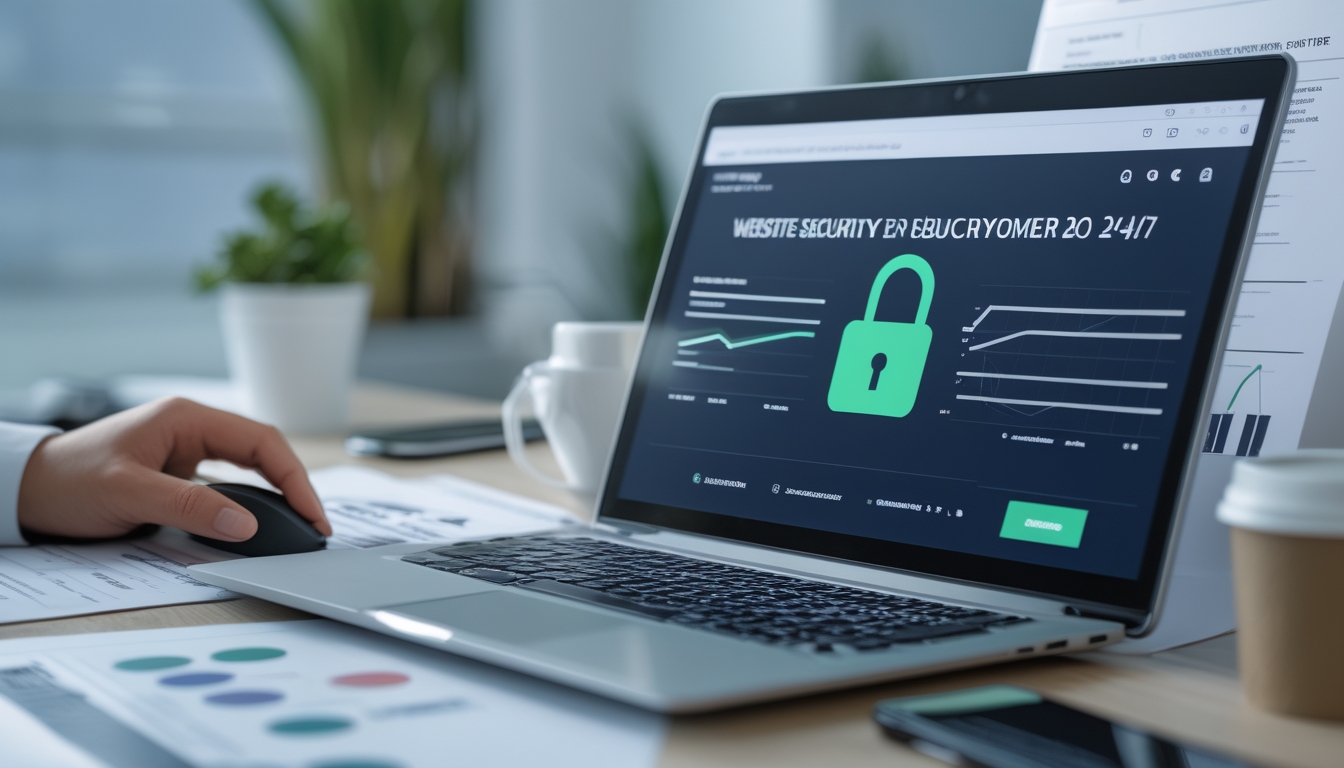 Seorang profesional sedang menilai keamanan situs online dengan laptop yang menampilkan ikon gembok hijau dan dokumen analisis di meja kerja.