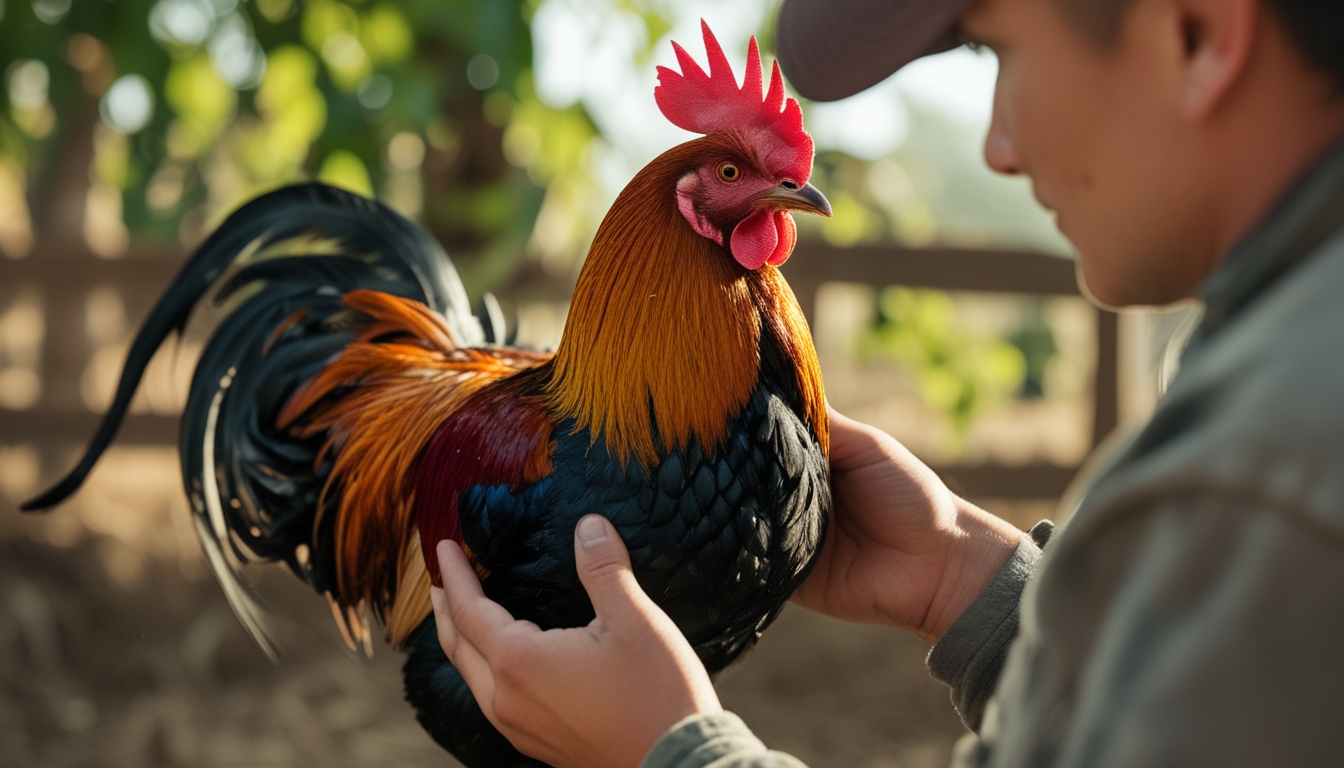 Seseorang sedang memegang ayam petarung yang sehat dan kuat di lingkungan alami dengan latar belakang peternakan tradisional.