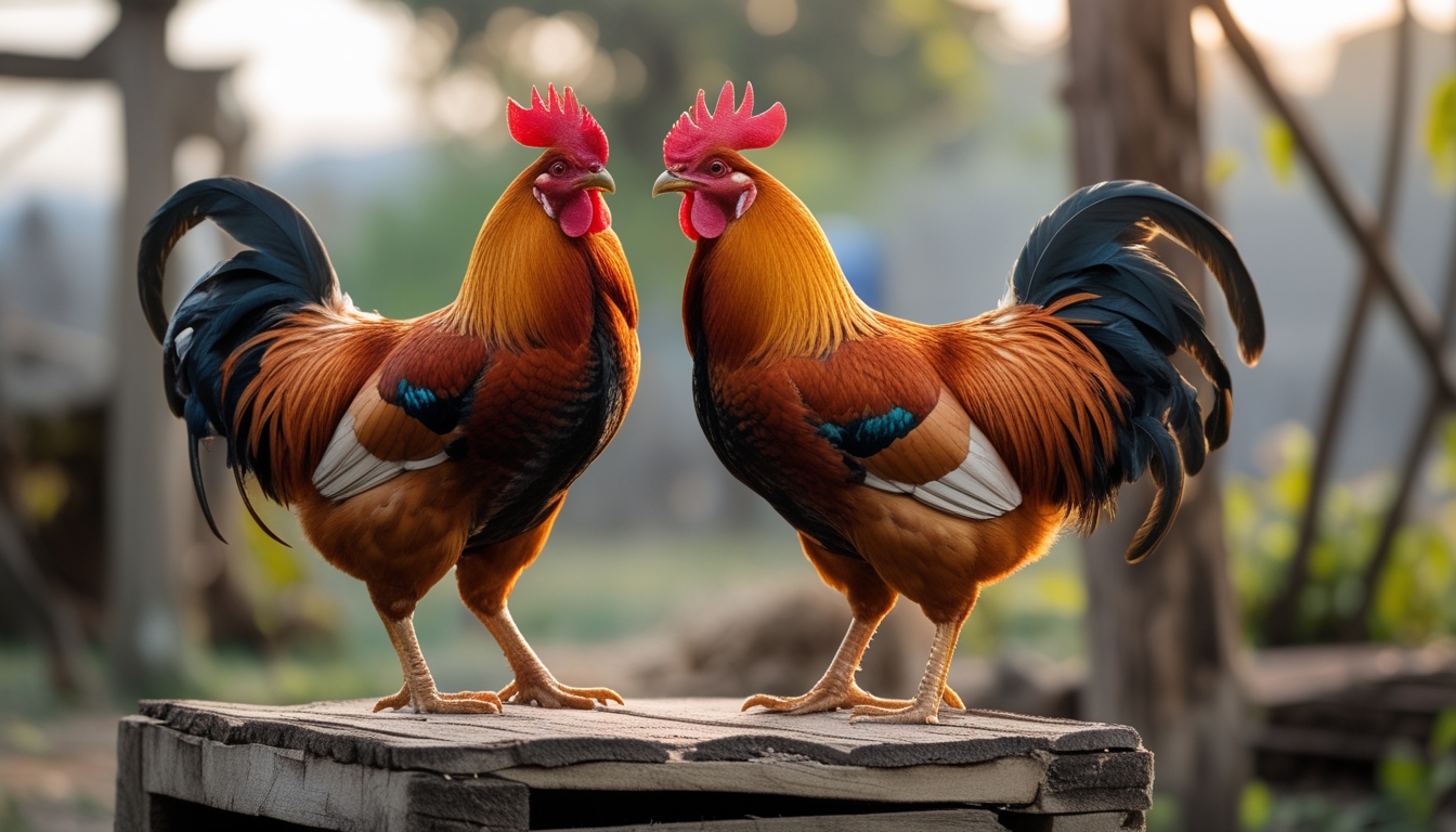 Dua ayam petarung berkualitas dengan bulu berwarna cerah berdiri di atas panggung kayu di luar ruangan dengan latar belakang alami.
