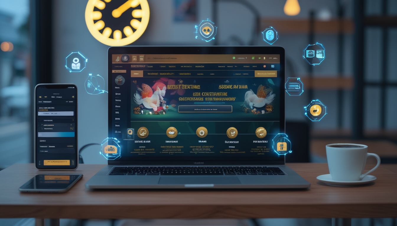 Meja kerja dengan laptop yang menampilkan tampilan situs sabung ayam online, dikelilingi jam, ponsel, dan cangkir kopi.