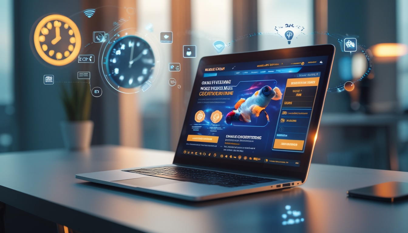 Seorang pria menggunakan laptop di meja kerja dengan tampilan situs sabung ayam online di layar, dikelilingi ikon jam dan sinyal nirkabel.