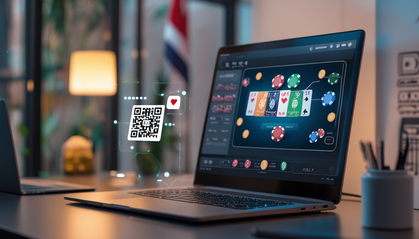 Seorang pemain menggunakan laptop untuk bermain poker online dengan chip dan kartu poker di meja, serta simbol kode QR yang melayang di dekatnya.
