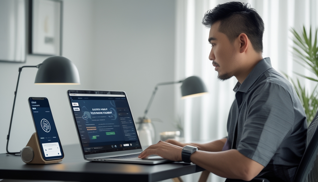 Seorang pria dewasa Indonesia duduk di meja dengan laptop dan smartphone, menunjukkan aktivitas bermain poker online dan pembayaran QRIS yang aman.
