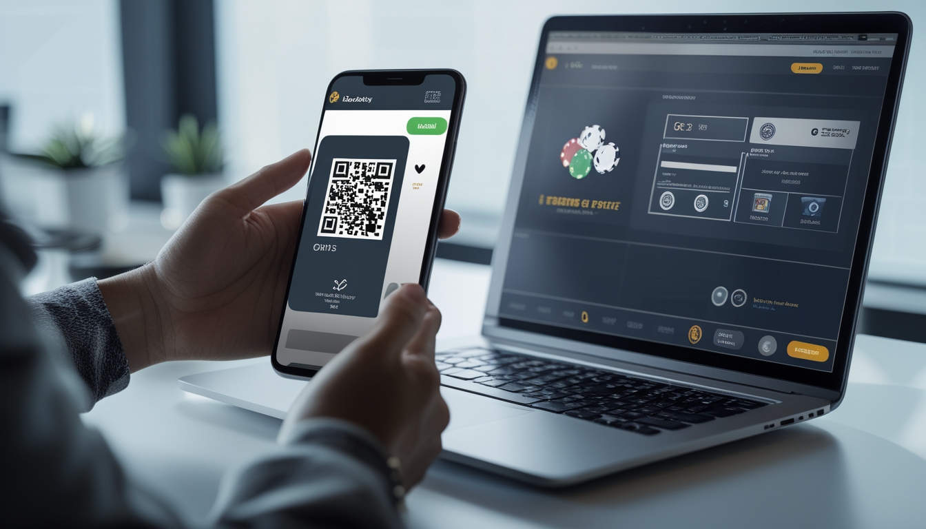 Seseorang memegang ponsel dengan kode QR di layar di samping laptop yang menampilkan situs poker online.