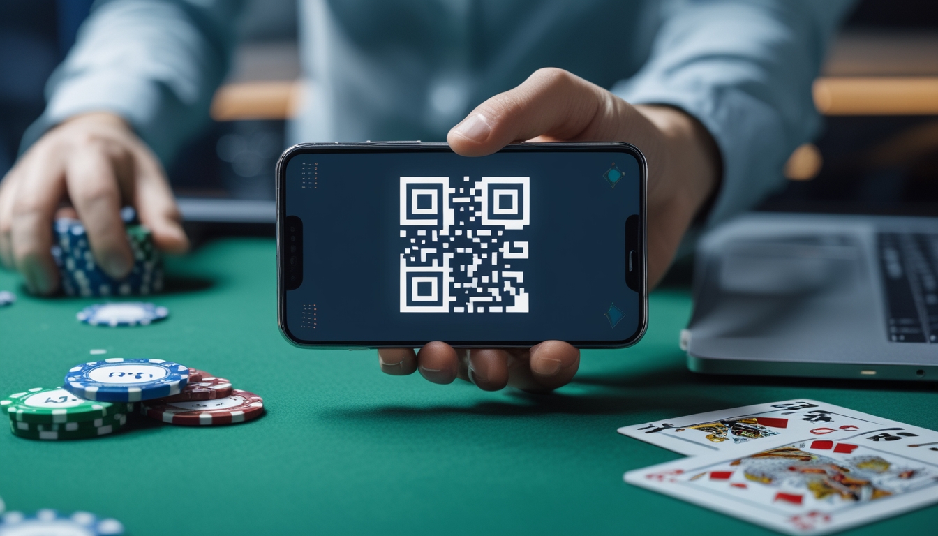 Tangan memegang ponsel dengan kode QR di layar di atas meja poker dengan chip dan kartu.
