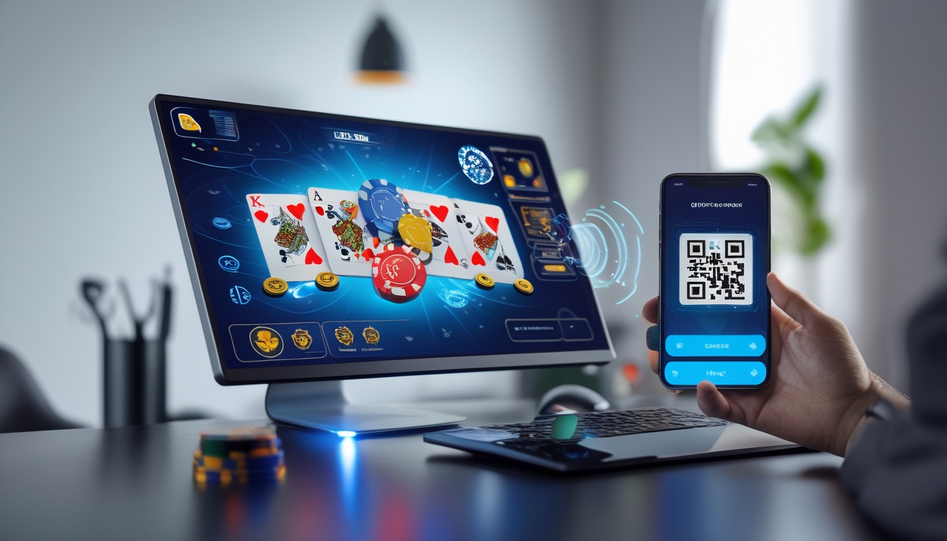 Seorang pemain poker online menggunakan laptop dan memindai kode QR di ponsel untuk melakukan deposit dengan cepat dan aman.