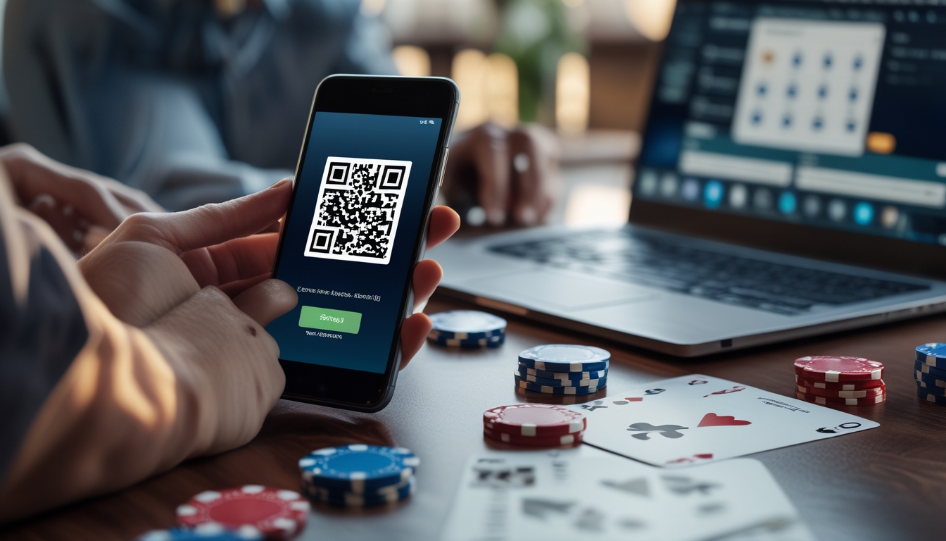 Seseorang menggunakan ponsel dengan kode QRIS di meja poker dengan chip dan kartu bermain.
