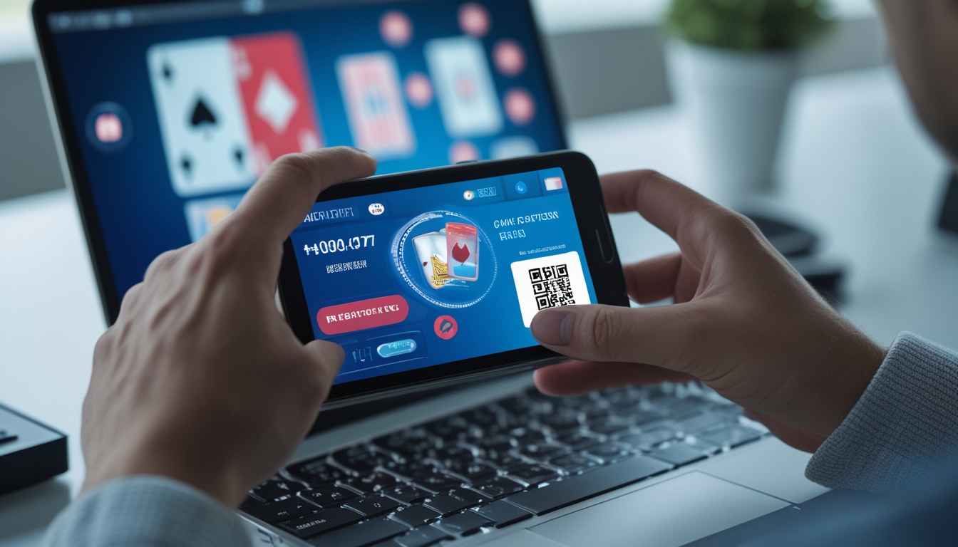 Seseorang memegang ponsel dengan kode QR di layar di depan laptop yang menampilkan permainan poker online.