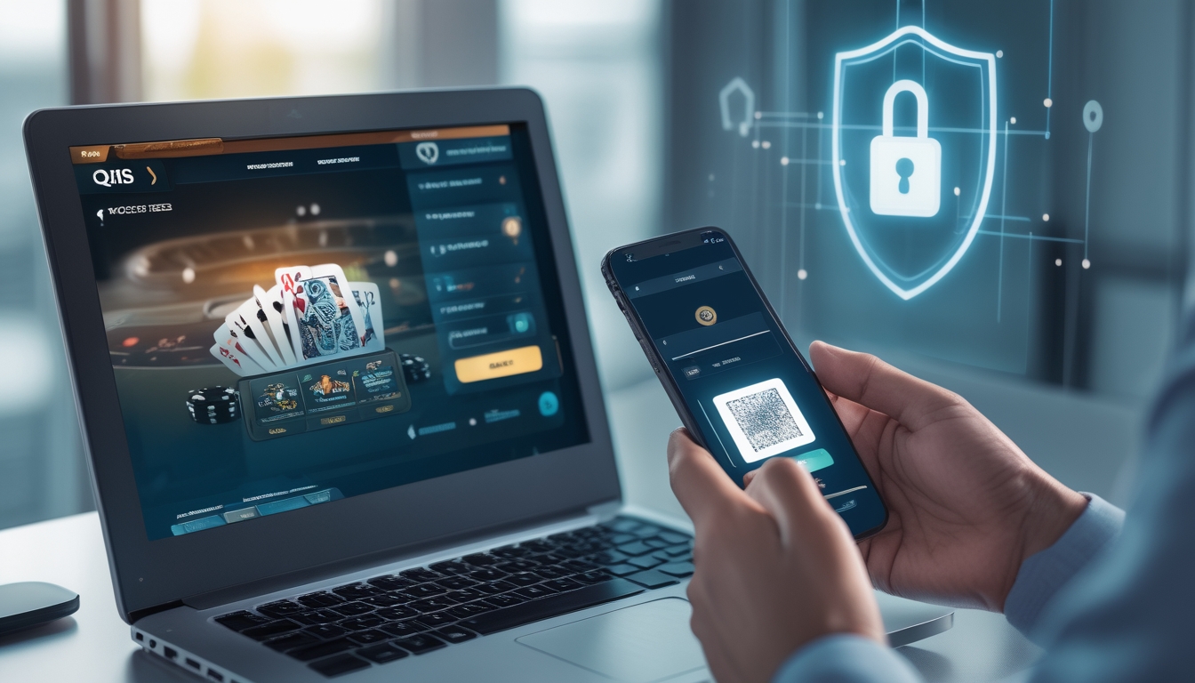 Seseorang menggunakan ponsel untuk memindai kode QR di samping laptop yang menampilkan permainan poker online, menggambarkan transaksi cepat dan aman.