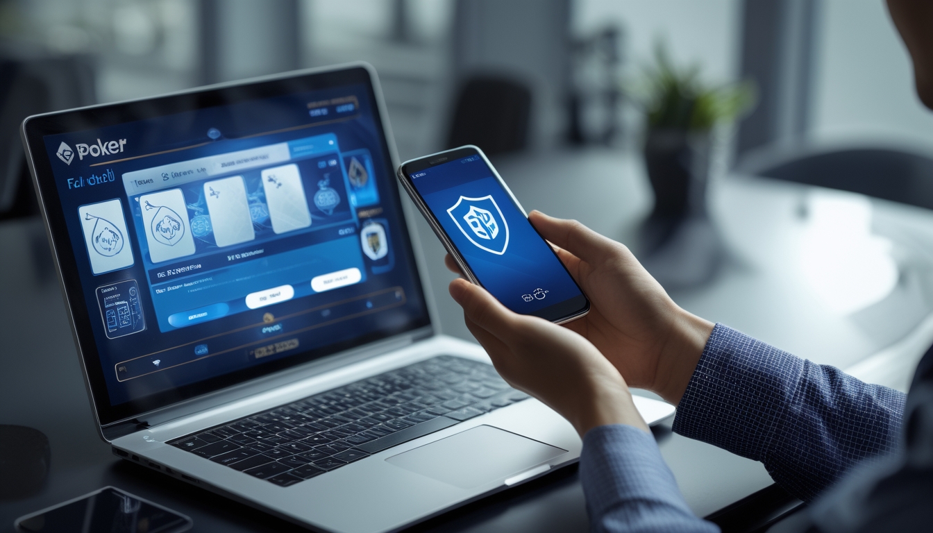 Seseorang menggunakan smartphone untuk memindai kode QR di layar laptop yang menampilkan situs poker online dengan suasana yang aman dan terpercaya.