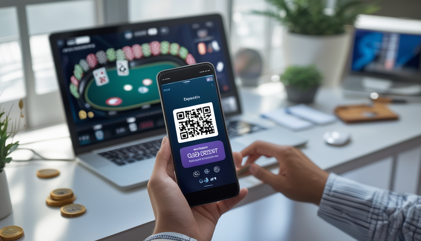 Seorang pengguna sedang melakukan deposit di situs poker online menggunakan ponsel dengan kode QR, di depan layar komputer yang menampilkan permainan poker.
