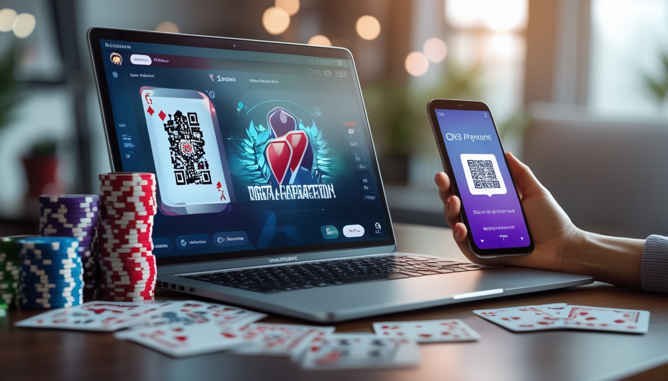 Meja kerja dengan laptop menampilkan permainan poker, chip poker dan kartu di sampingnya, serta ponsel dengan kode QR di layar.