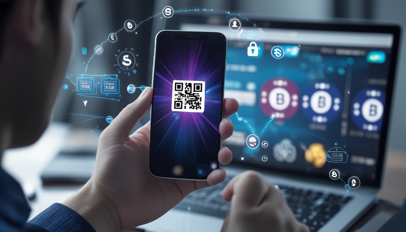 Tangan memegang ponsel dengan kode QR di layar, di latar belakang terlihat permainan poker online di laptop.