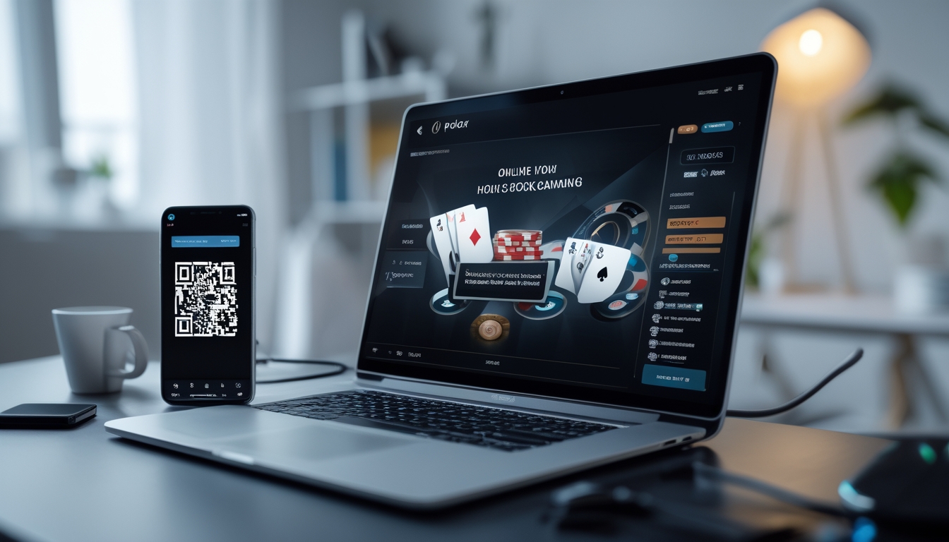 Seorang pemain poker online menggunakan laptop dan smartphone dengan kode QR untuk deposit, di meja kerja yang rapi dan nyaman.