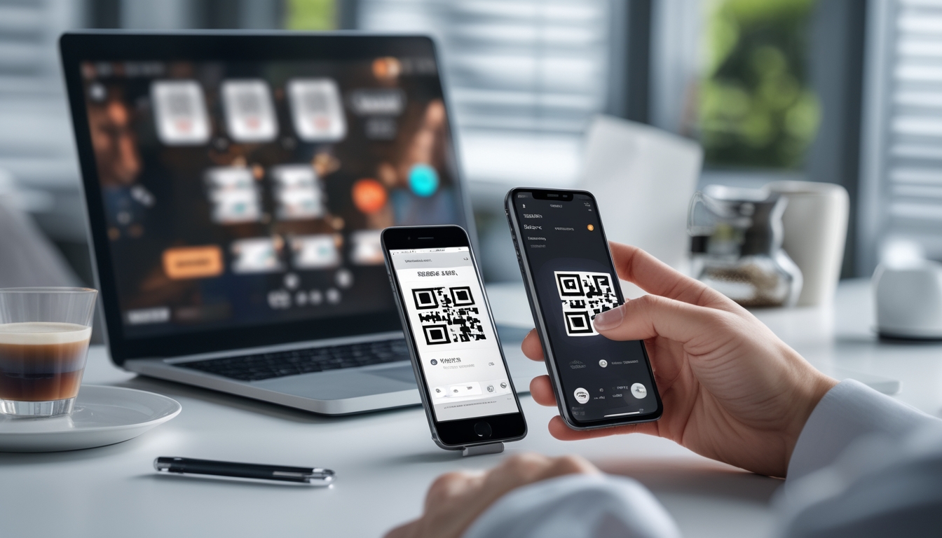 Seseorang memegang ponsel yang menampilkan kode QR di depan laptop dengan permainan poker di layar, menunjukkan proses pembayaran digital yang mudah dan aman.