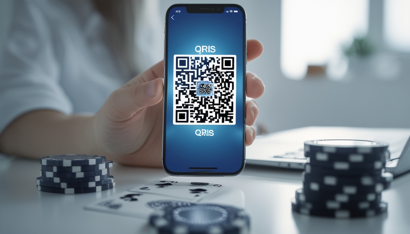 Seseorang memegang smartphone yang menampilkan kode QR, dengan latar belakang chip poker dan kartu yang samar.