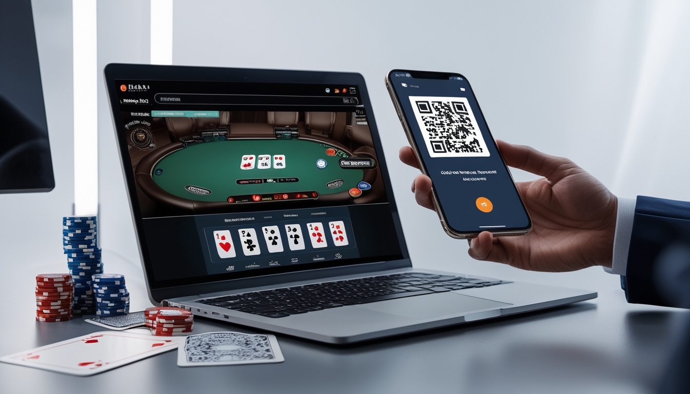 Seorang pengguna memegang ponsel dengan kode QR di depan laptop yang menampilkan permainan poker online, dengan tumpukan chip dan kartu di meja.
