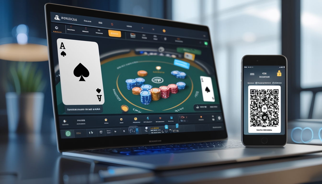 Seorang pemain poker online menggunakan laptop dengan layar menampilkan permainan poker dan ponsel yang menunjukkan kode QR untuk metode deposit QRIS.
