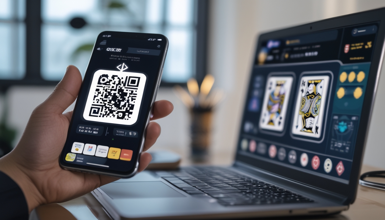 Orang menggunakan ponsel untuk memindai kode QR di depan laptop yang menampilkan permainan poker online dengan chip dan kartu.