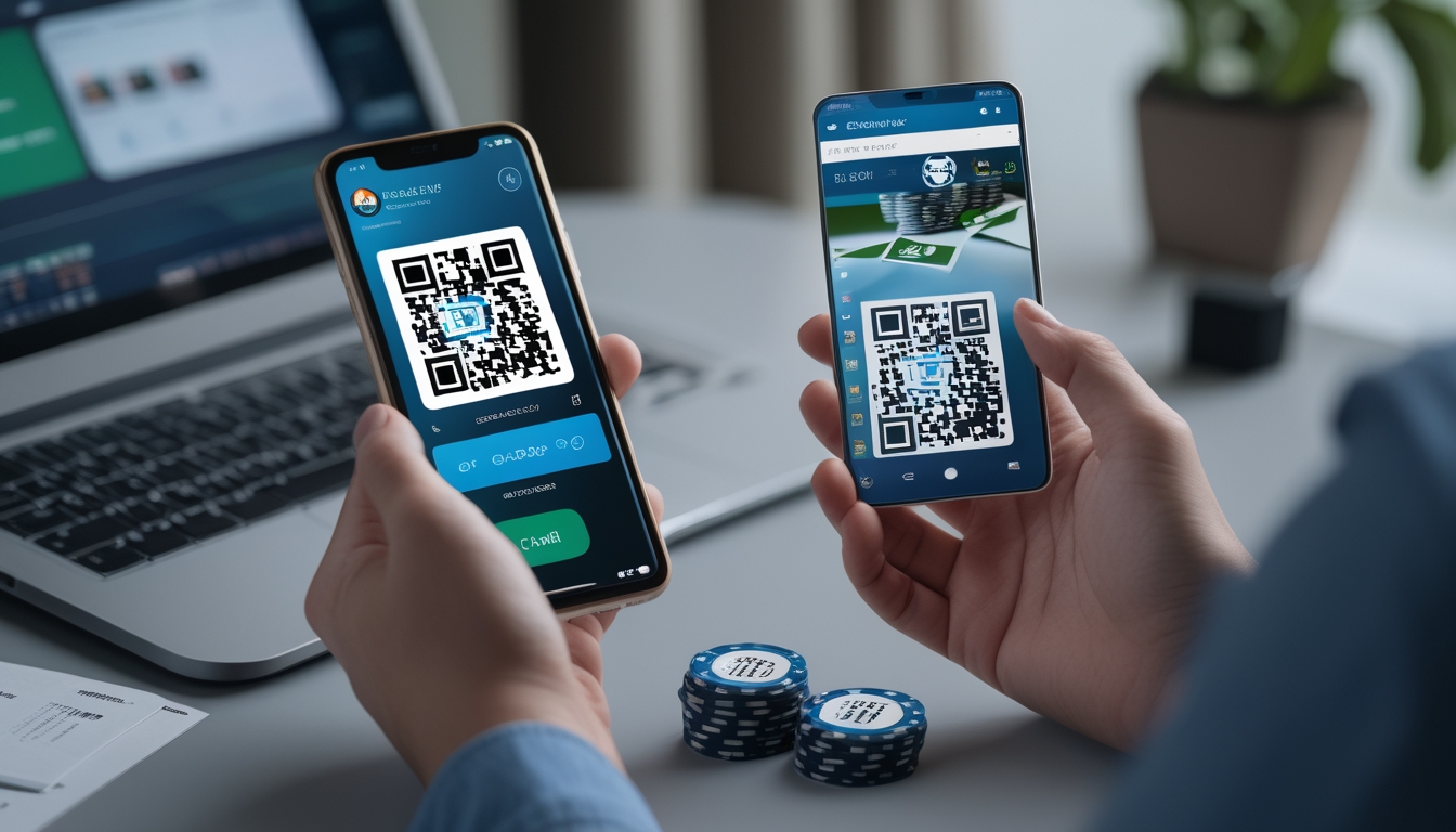 Tangan seseorang memegang ponsel yang menampilkan aplikasi pemindai kode QR, dengan laptop terbuka menampilkan permainan poker online di meja kerja.